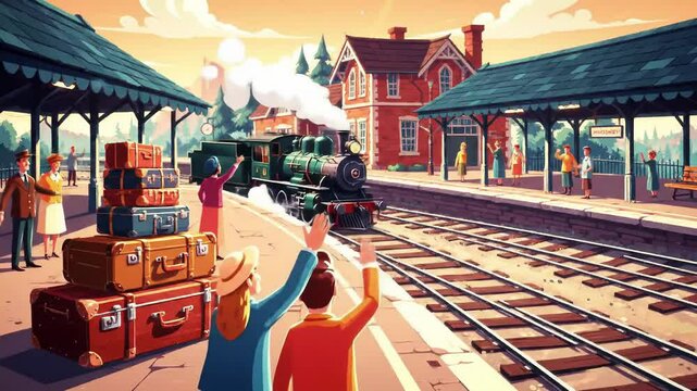 Animated illustration of cheerful people waving goodbye to train travelers at a vintage station