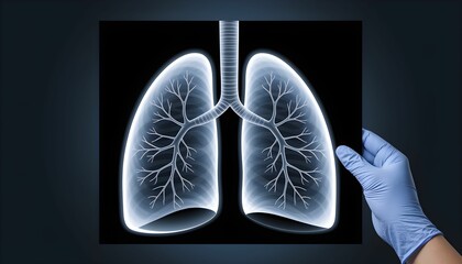 Medical professional examining a lung X-ray while wearing a blue glove in a clinical setting focused on respiratory health and diagnosis Generative AI