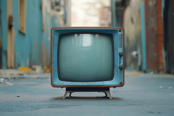 Vintage TV on a city street. Disposal of old equipment.