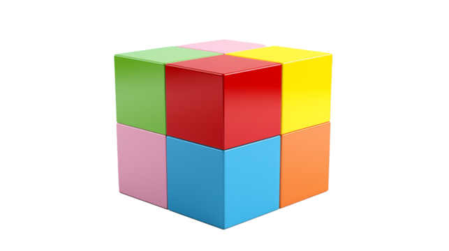 A colorful cube made of smaller cubes on a black background in studio shot