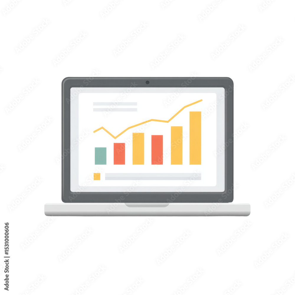 Poster laptop displaying colorful graphs and charts for business analysis and growth insights in a minimali