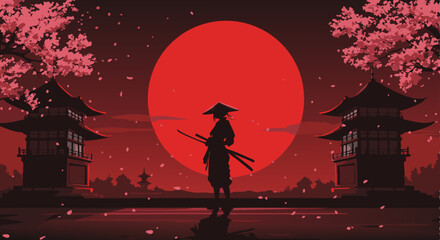 Lone female samurai with katana drawn facing giant red moon in stylized Japanese temple courtyard
