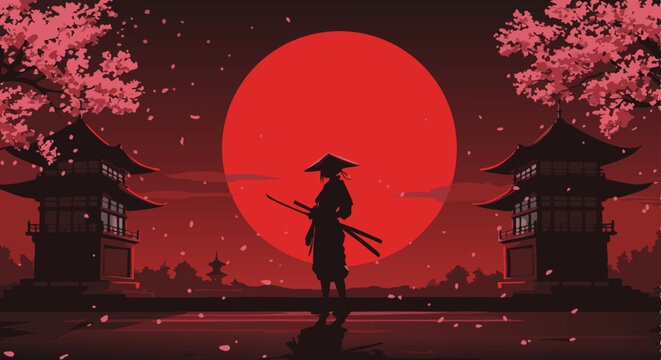 Lone female samurai with katana drawn facing giant red moon in stylized Japanese temple courtyard