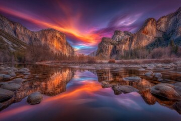 Naklejka premium From the Merced river, Yosemite valley presents a beautiful view of half dome and el capitan