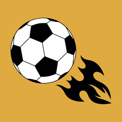 Obraz premium Flaming Soccer Ball Vector Icon – Black and White Football on Yellow Background, football, soccer, ball, flames, fire, sport