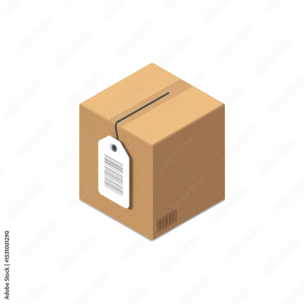Poster brown cardboard box with blank tag ready for shipping or storage in a minimalist background with cle