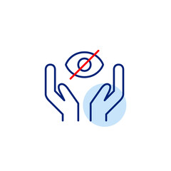 Vector icon of crossed-out eye held by two hands, symbolizing guarded privacy, protected secrets, or shared confidentiality. Ideal for security apps, counseling services, and privacy platforms