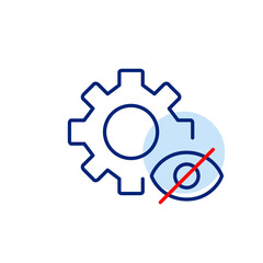 Vector icon of cogwheel with crossed-out eye, symbolizing hidden settings, disabled options, or private configuration. Ideal for software interfaces, system apps, and privacy-focused platforms