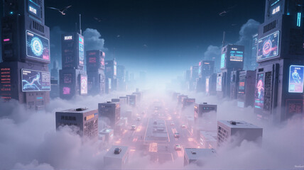 Fototapeta premium A futuristic city skyline with pink and blue neon lights