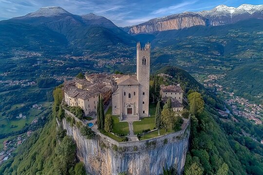 Aerial view of Stelvio village or Stilfs in the Dolomites Alps