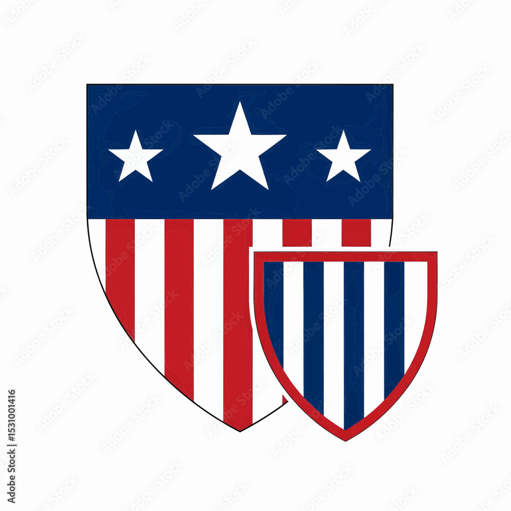 Poster high-quality vector image of two overlapping shields. the larger shield is dark blue with white star