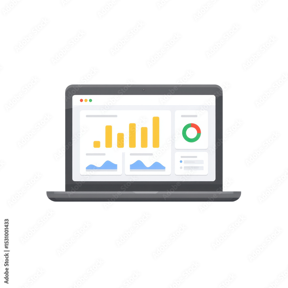 Poster modern laptop displaying data analytics graphs and charts for business insights and performance moni