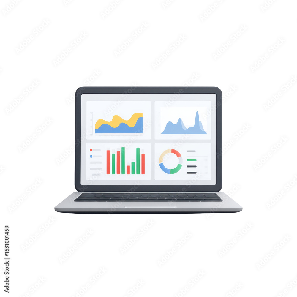 Poster modern laptop displaying colorful data visualizations and graphs for business analysis and presentat