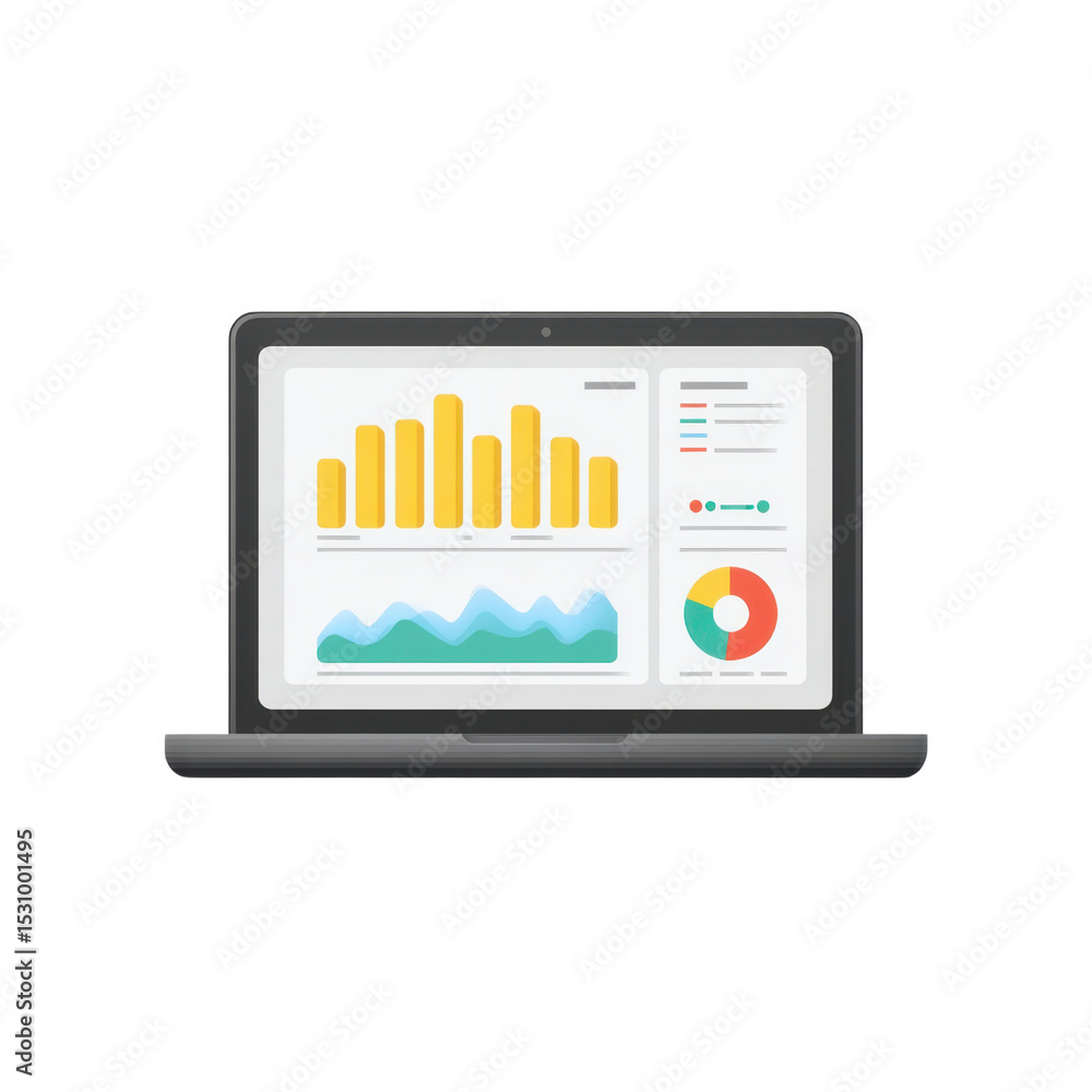 Poster computer screen with colorful graphs and charts for data analysis and business insights transparent 