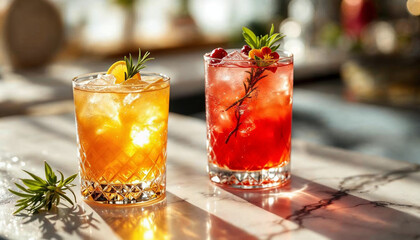 Elegant cocktail in crystal glass on marble, with vibrant colors and soft natural light.









