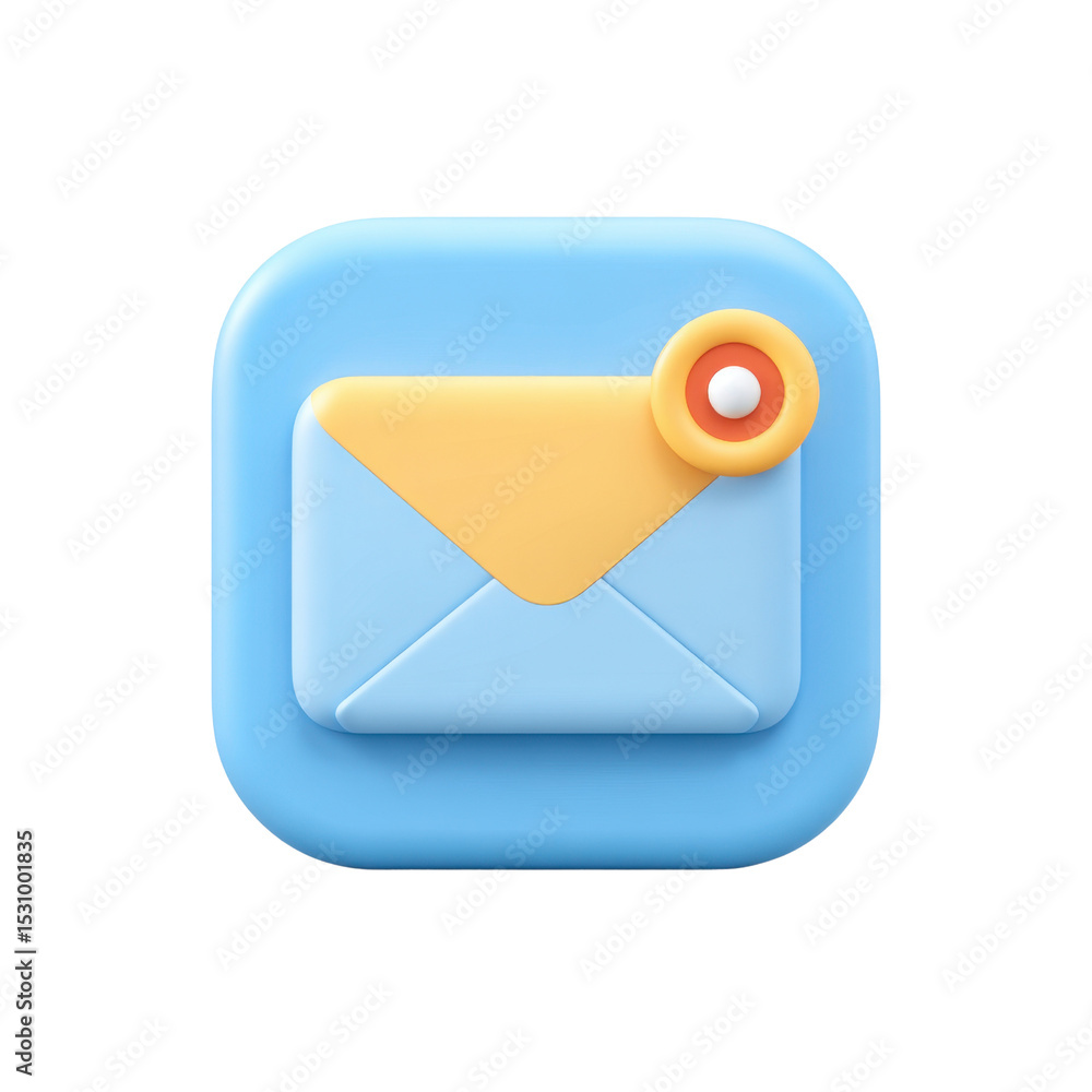 Poster blue email icon with envelope and notification bubble for digital communication and messaging applic