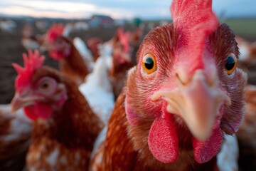 Close-up picture of a free range chicken on a farm, with the chicken standing in a field and also inside its coop