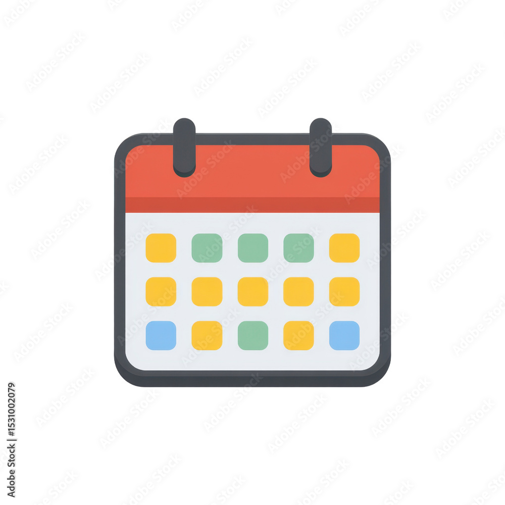 Poster colorful and simplistic calendar icon with marked dates, red header and multi-colored boxes on soft 