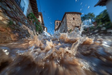 Fototapeta na wymiar A mixture of mud and water flows through a large stream on the street due to flooding caused by heavy rainfall or a mudflow, relating to the concept of insurance for natural disasters and protection