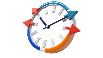 3D clock icon with dynamic circular arrows, time management or deadline theme, on white background, PNG