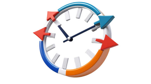 3D clock icon with dynamic circular arrows, time management or deadline theme, on white background, PNG