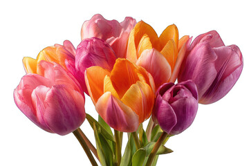 Close-up of a vibrant bouquet of tulips in shades of pink, orange, and peach