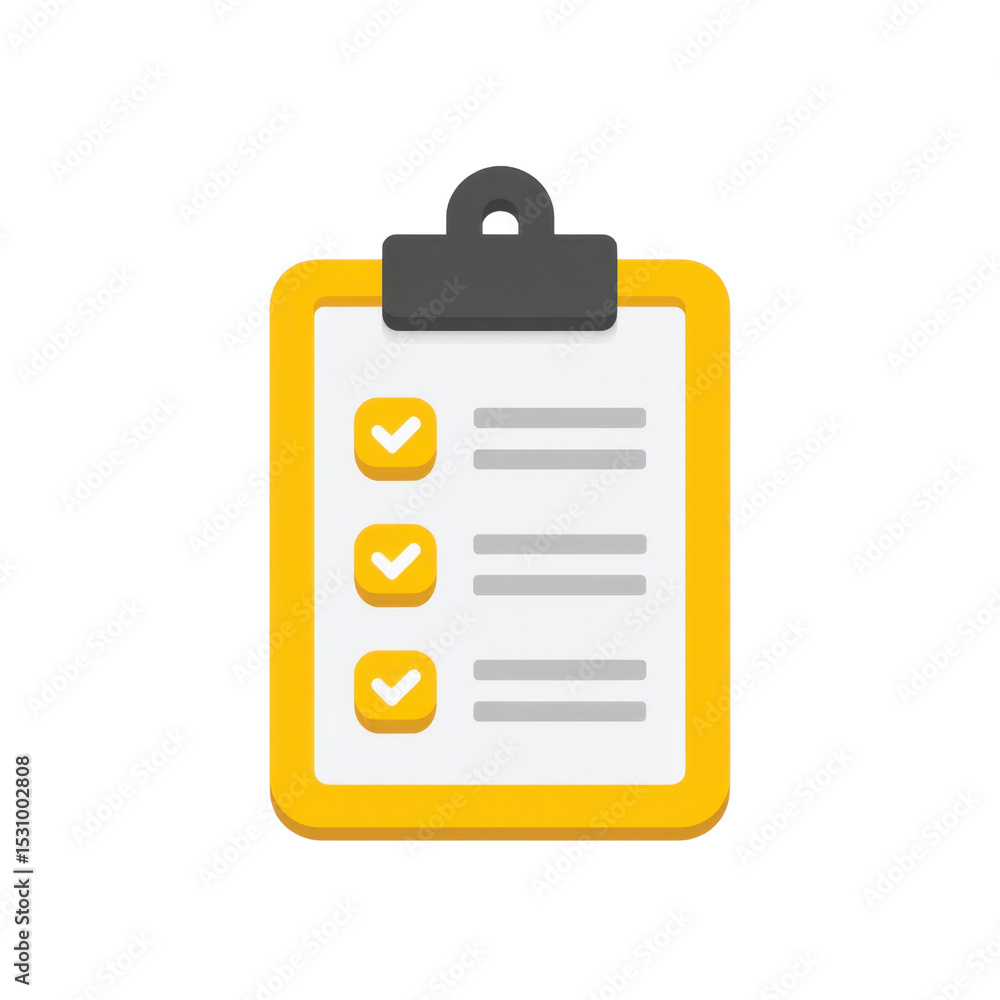 Poster Yellow Clipboard with Checkmarks and Blank Lines for Task Management and Notes in Minimalistic Style Transparent background or png