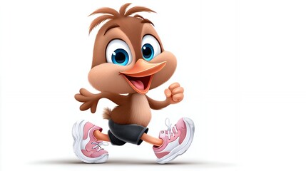 Cute Brown Cartoon Bird Running in Pink Sneakers on White Background
