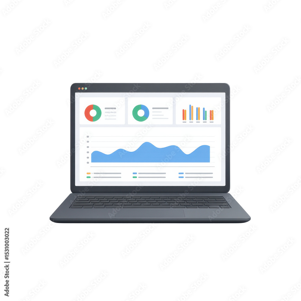 Poster modern laptop displaying business analytics and data visualizations on a clean, minimalistic workspa