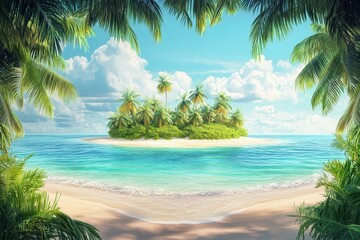 Tropical island paradise framed by palm trees.