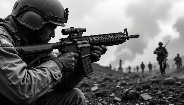 Soldier aiming rifle in combat gear with helmet, focused and ready in smoky battlefield with other soldiers advancing