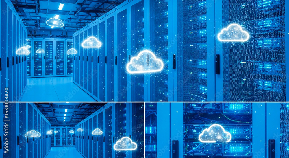 Aufkleber data center with server racks and digital cloud icons, representing cloud computing.