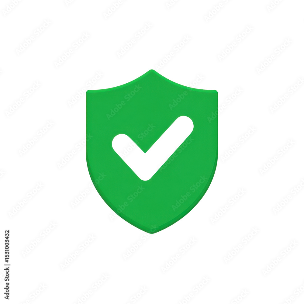 Poster green shield icon with checkmark symbolizing protection, security, and assurance for digital and phy