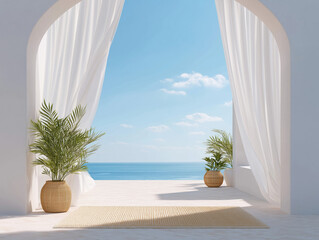 Open doorway leads to serene ocean view with tropical plants in bright sunlight