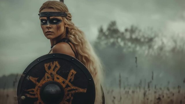 Female viking warrior standing in misty battlefield, wearing dramatic war paint, gripping spear and shield with fierce determination and powerful stance