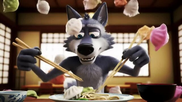 Animated wolf character enjoying noodles and dumplings in a colorful asian restaurant