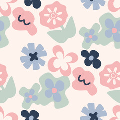 Playful and whimsical floral seamless pattern, Naive hand drawn flower design for textile, home decor 