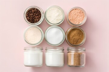 Assorted Baking Ingredients: A flat lay showcasing nine small glass jars filled with various baking ingredients, neatly arranged on a pale pink background. The jars contain different types of flour.