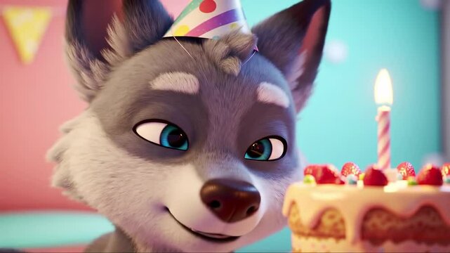 Animated wolf character looking at a birthday cake with strawberry and candle indoor celebration illustration