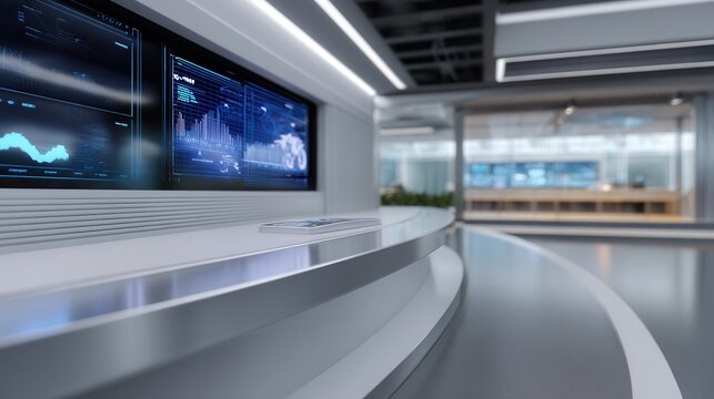 Modern News Studio: A sleek, minimalist news studio features advanced monitors displaying dynamic financial charts, set against a backdrop of blurred office space. - Powered by Adobe