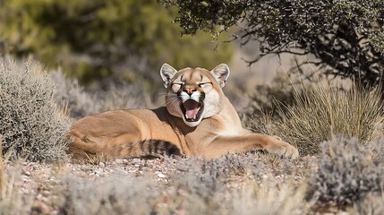 Cougar Yawning While Resting in Natural Habitat on Sunny Day