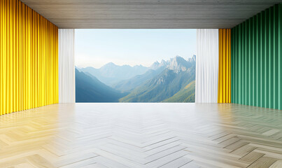 Modern minimalist room with yellow and green walls, white curtains, and a breathtaking mountain view. Perfect for design, home decor, or travel concepts.