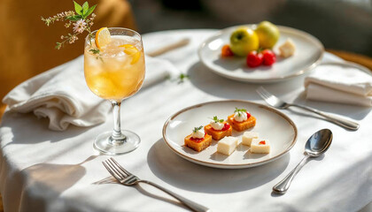 Elegant cocktail and gourmet appetizer on white linen, bathed in soft natural light.









