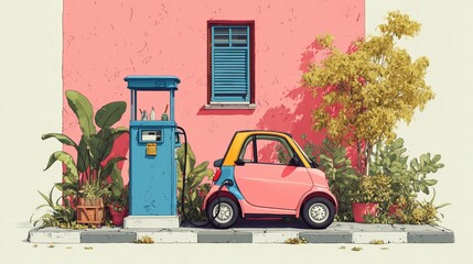 Colorful electric car charging at a vintage pump beside a pastel building with greenery in a vibrant urban setting