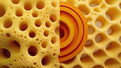 Abstract porous yellow surface with geometric shapes, sponge-like material, and bubbly texture