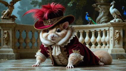 A regal chinchilla wearing a red velvet suit and hat in an ornate palace setting.