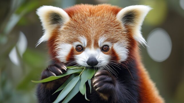 Cute red panda chewing bamboo leaf with soft fur detail and blurred green background. Concept of wildlife tenderness