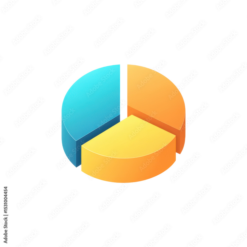 Poster vibrant three-dimensional pie chart with bright blue and yellow sections for data visualization and 