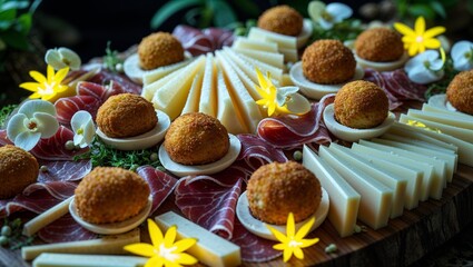 Appetizing charcuterie board with fried spheres, cheese, cured ham, eggs and flowers display
