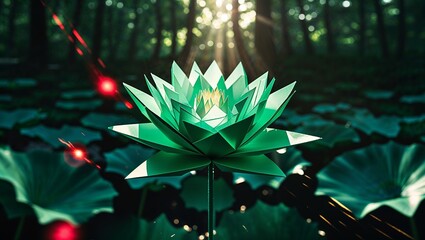 Artistic Paper Lotus Flower with Light Rays in Dreamy Forest Setting